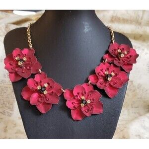 Statement Necklace - Collar Style - Art Deco - Red Flowers - Romantic, Whimsy